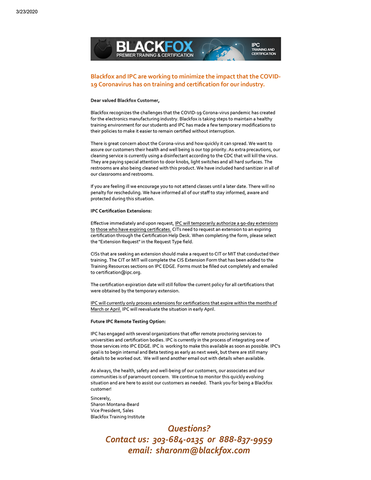 Blackfox and IPC Are Working to Minimize the Impact that the COVID-19 Coronavirus Has on Training and Certification for Our Industry
